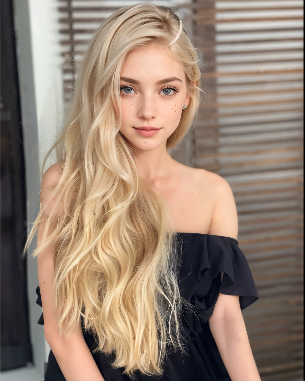 Woman, americana, age 25, pale skin and freckles, grey-eyed, delicate nose, soft and delicate lips, distant, cabelo blondie distant e ondulado na altura da cintura, Sweet smile, face with delicate feminine facial features, highly rendered, black leather pants