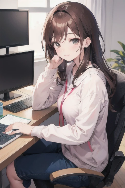 Adult anime girl programming on computer、Smile、Beautiful brown hair、Sit at a desk