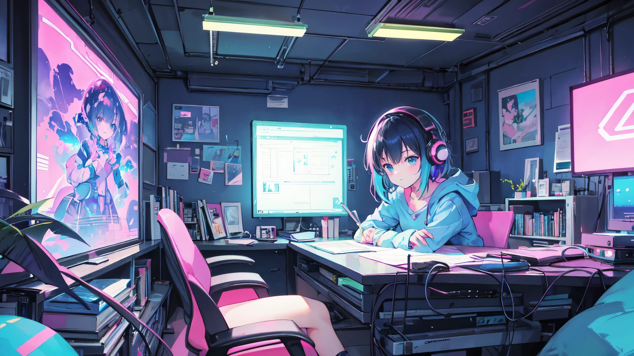 ultra wide angle (Overnight stay), Girl studying in her room, read a book, Wear headphones, , night light, Neon landscape on a rainy day, Analog color theme, Lo-Fi Hip Hop , retrospect, flat, 2.5D ,Draw a line, Ink drawing, big color gradient, Watercolor painting, Kush color, Studio Ghibli Style, Super colorful., outside ton, Synthwave, Lofi art,90s style,old surface, Amplitude,90's atmosphere, table top, Incredible technology, 16:9 scales