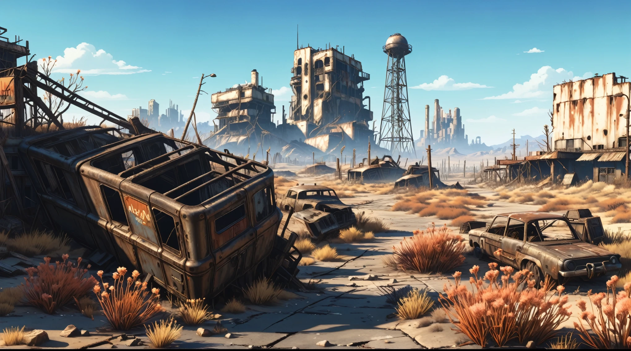 anime aestetics, anime scenery, landscape, wallpaper, huge deserted city, western city ruins, dry grass, dry flowers, desert, fallout environment, in the fallout wasteland, fallout 4 render, stylization for fallout 4, mining outpost, rural wastelands, fallout 4, wastelands, apocalyptic, wide shot, atmospheric perspective, perspective, pov, 8k, highres, best quality, award winning, super detail, masterpiece, UHD