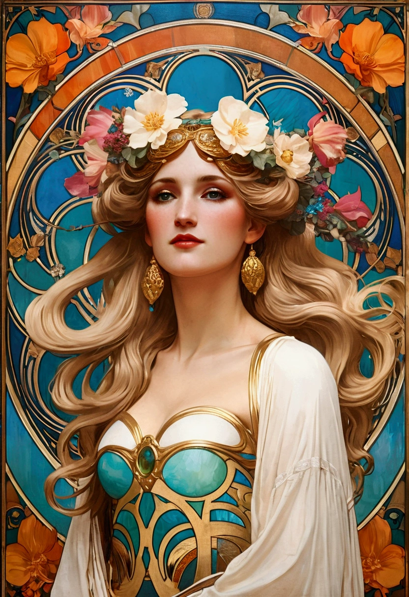 European woman portrait,goddess, above waist, Long flowing hair, Blonde, Oil painting, Model imposing, flower frame, decorative panel, abstraction, directed by: Alphonse Mucha (Main part, extremely high quality, High resolution: 1.4), detailed, intricate details, splash of colour, Line art, Fibonacci, Wear underwear, atmospheric perspective, Art Nouveau, 4k