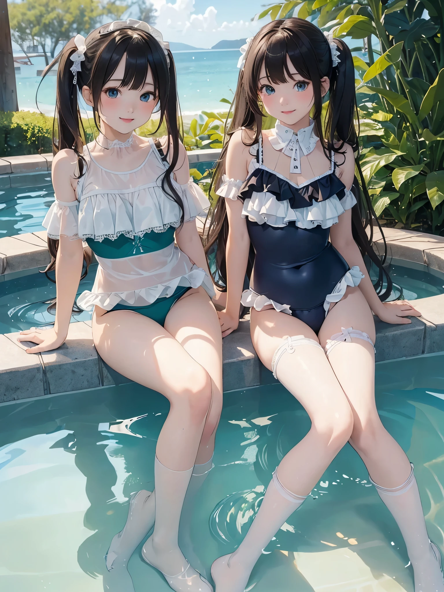 ((masterpiece)), ((highest quality、Ultra high definition)), (Very detailed),8k、Photo quality、((Amazingly cute girl)),)), Two people, , (Beautiful emerald blue eyes), ((smile、Small breasts)),In the open-air bath overlooking the sea, Beautifully arranged black hair in twin tails、Slim Body、(((Cute swimsuit with lace and frills)))、Professional Lighting、(White lace knee-highore detailed and beautiful)、(More details and cutenesore realistic)、((Just wear light clothing))、Frolic in the pool、((unbelievably cute))、((A cute pose))、