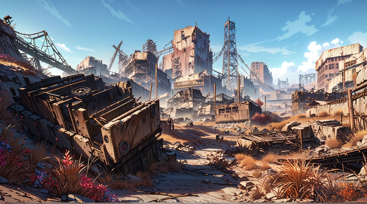  anime aestetics, anime scenery, landscape, wallpaper, huge deserted city, western city ruins, dry grass, dry flowers, desert, fallout environment, in the fallout wasteland, fallout 4 render, stylization for fallout 4, mining outpost, rural wastelands, fallout 4, wastelands, apocalyptic, wide shot, atmospheric perspective, perspective, pov, 8k, highres, best quality, award winning, super detail, masterpiece, UHD