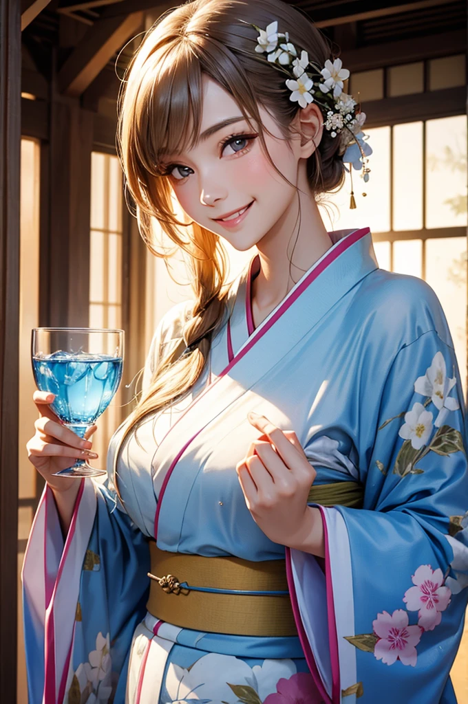 Smiling beautiful woman in a kimono holding a transparent glass of water close to her face