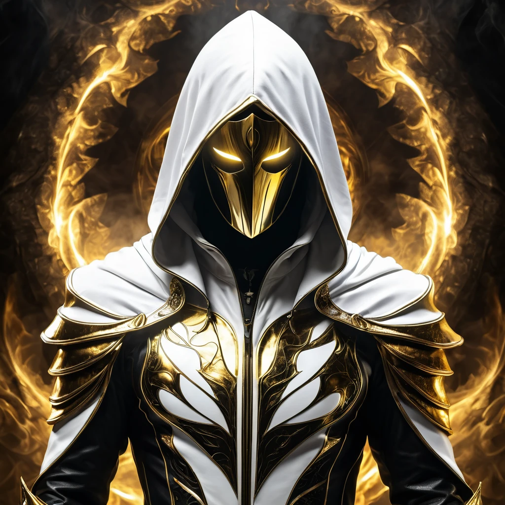 Dark fantasy, shadow knights, (( white and gold plug suit, black smoke in plug suit) ), (burning eyes:1) , (white, gold hooded cloak of leather material) , (fractal art:1.2) , cave background, transparency, caustics, optics, surreal, magic, masterpiece, perfect anatomy, 32k UHD resolution, best quality, highly detailed, photorealistic portrait, professional photography, cinematic angle, reflection lights, 8k sharp focus
