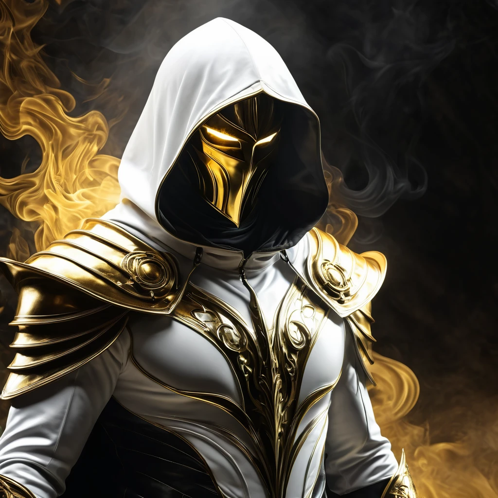 Dark fantasy, shadow knights, (( white and gold plug suit, black smoke in plug suit) ), (burning eyes:1) , (white, gold hooded cloak of leather material) , (fractal art:1.2) , cave background, transparency, caustics, optics, surreal, magic, masterpiece, perfect anatomy, 32k UHD resolution, best quality, highly detailed, photorealistic portrait, professional photography, cinematic angle, reflection lights, 8k sharp focus