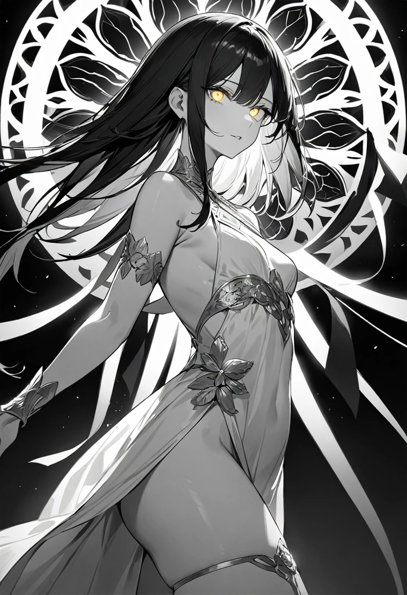 (masterpiece, top quality, very aesthetic, 4k、illustration), intricate detail, 1woman,、solo,contrapposto 、Strong glowing eyes、,(cowboy shot)、light persona、(monochrome),beautiful face、from side、clear face、straight hair、red to black gradient hair、,middle hair,sidelock ,gold　eyes、white Summer Dresses、small breasts、Slim 、