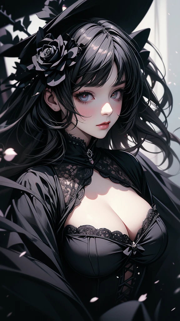 (masterpiece, High resolution, Highest quality), like々A beautiful woman, Exposed cleavage, Gothic ta Fashion, Collage with black roses, Anime Style, Digital Painting,
