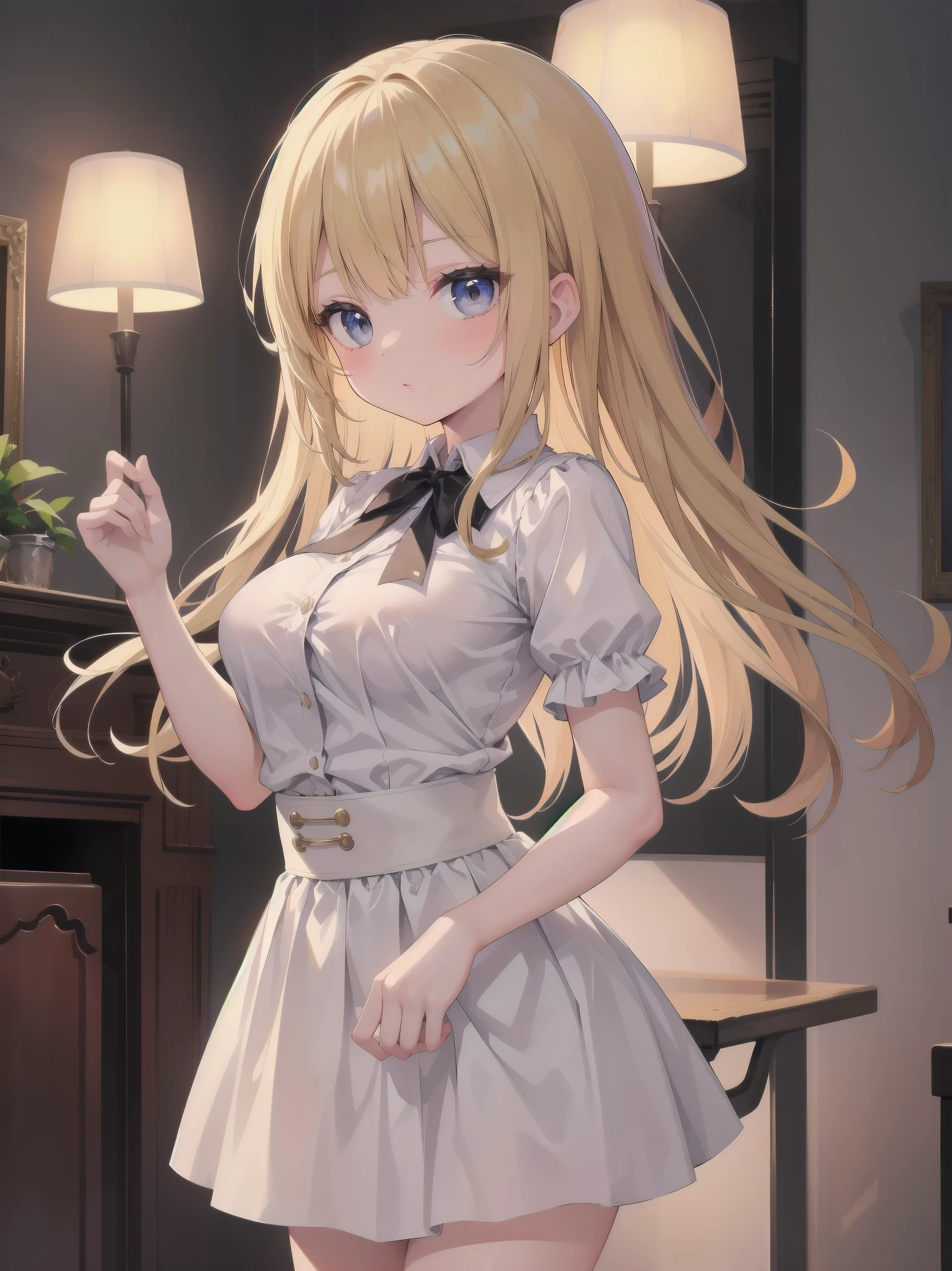 (Masterpiece), Detail, Delicacy, Portrait, Marquise in dainty pose, Solo, One beautiful girl, Diverse lighting, Beautiful girl, Large breasts, Small buttocks, Slim waist, (Feminine fashion: blouse of soft material or skirt with flared silhouette), Dainty behavior, Graceful, Chaste Behavior, Cowboy shot