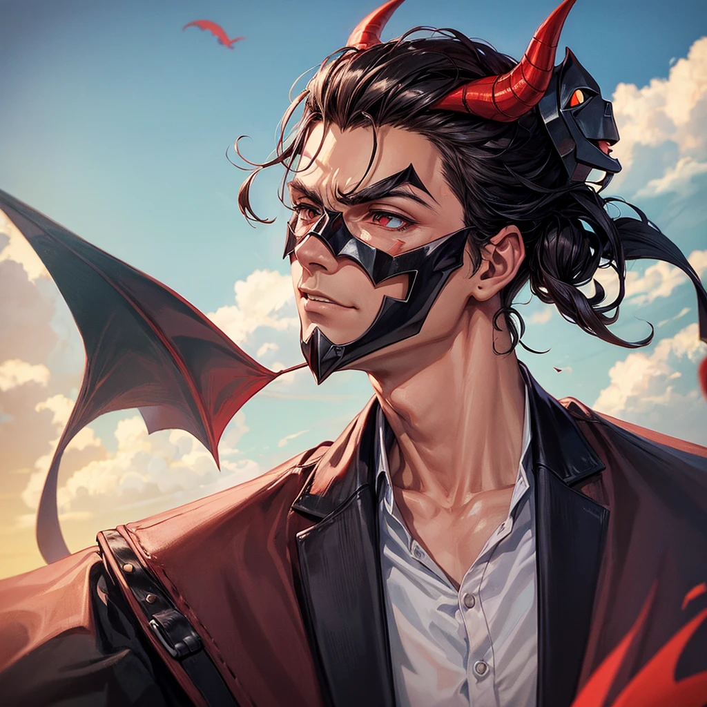 a man with half his face in a devil mask