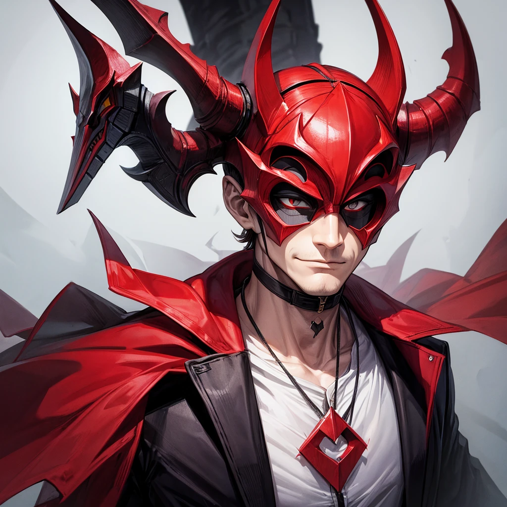 a man with half his face in a devil mask