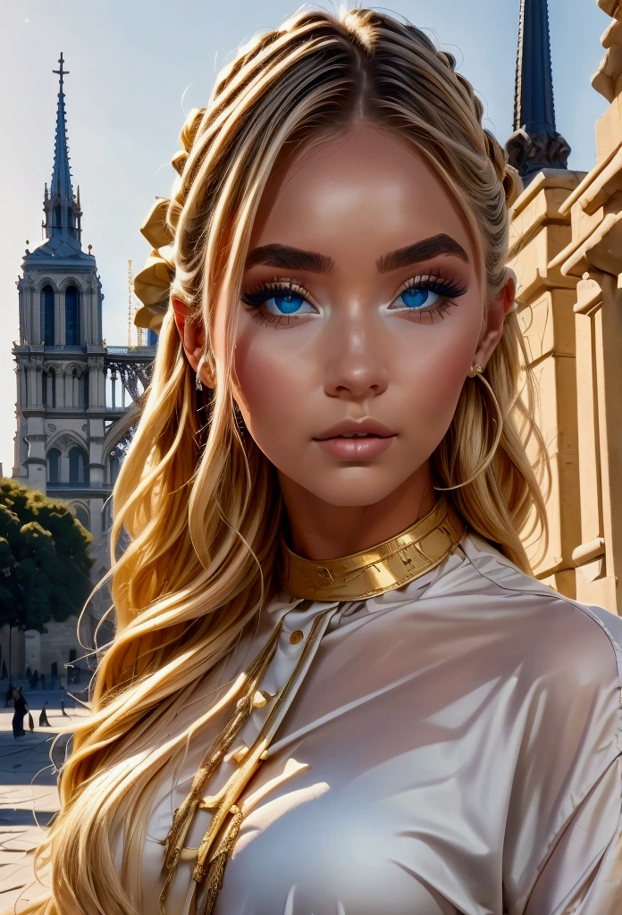 In a plaza with the Notre-Dame Cathedral in the background, beautiful young female instagram influencer,streetwear fashion,