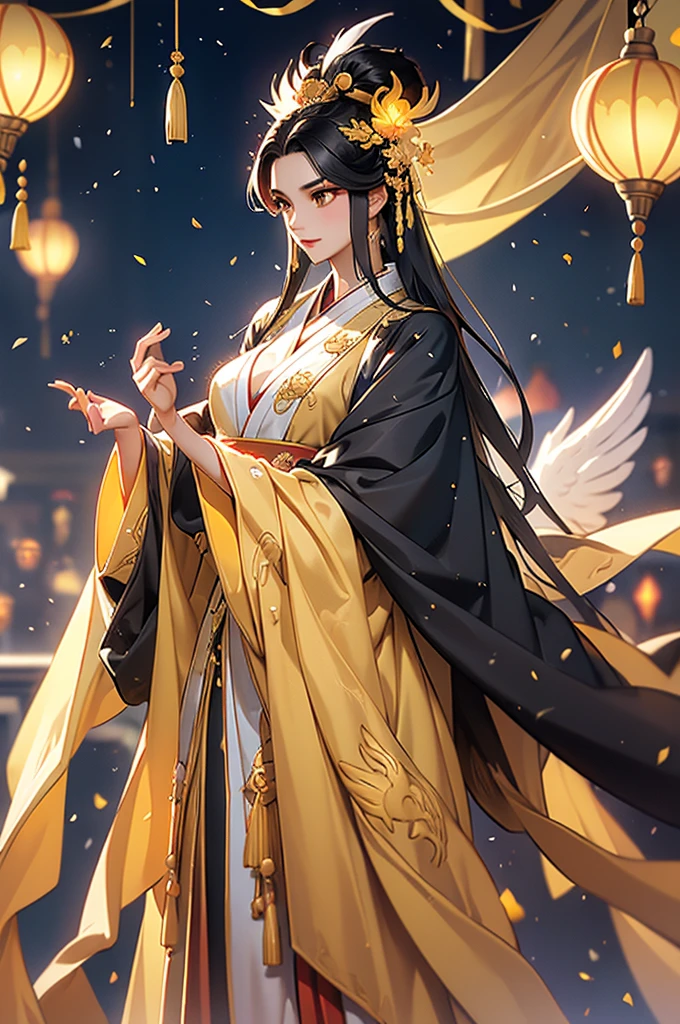 Black Hair, Immortal, Beauty, Royal sister, Stepmother, Gold yellow Taoist robe, Phoenix Coronet, Hair Bunch, Phoenix Sense, Beautiful breasts