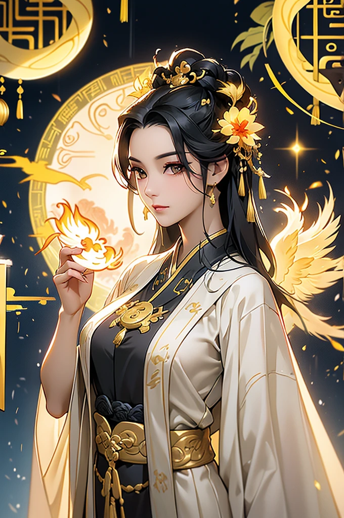 Black Hair, Immortal, Beauty, Royal sister, Stepmother, Gold yellow Taoist robe, Phoenix Coronet, Hair Bunch, Phoenix Sense, Beautiful breasts