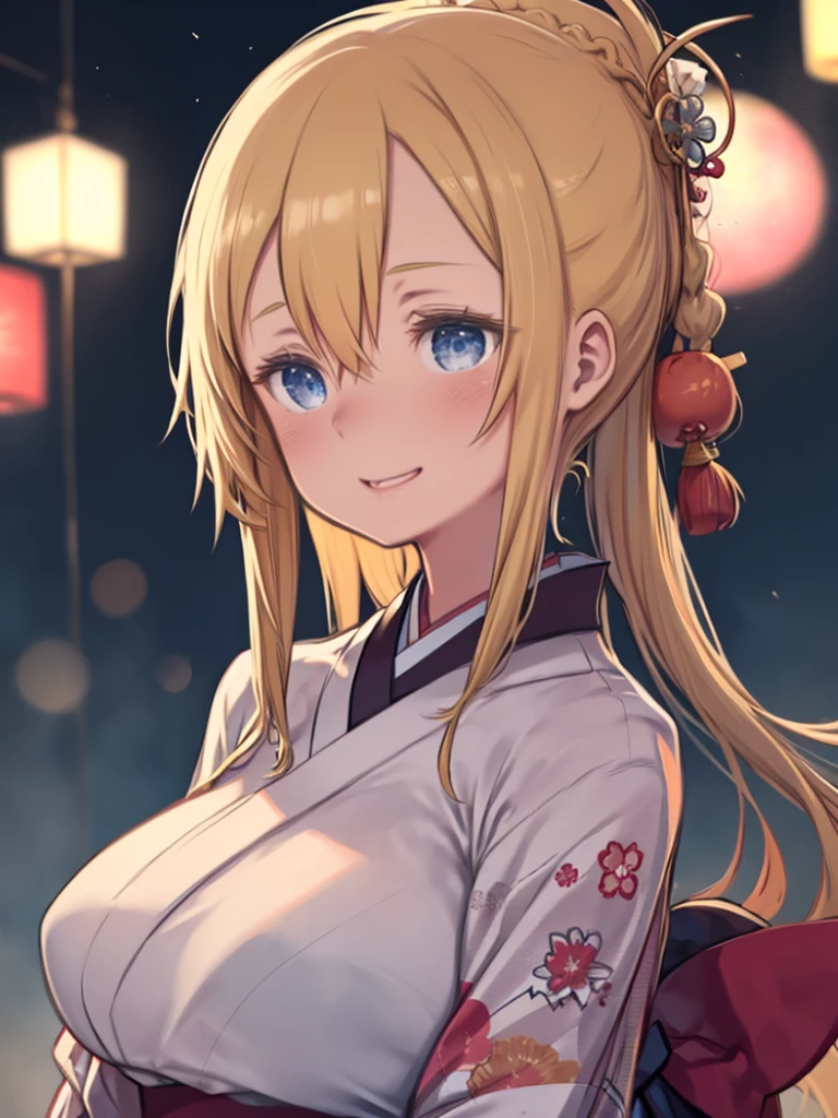 One Girl、Japanese Festivals、Fireworks display、yukata、kimono、night、Fireworks、Eating dumplings、laughing、Blonde Hair、Hair between the eyes、Blue Eyes、Braid、Chignon、Upper Body、Big Breasts、Huge breasts、