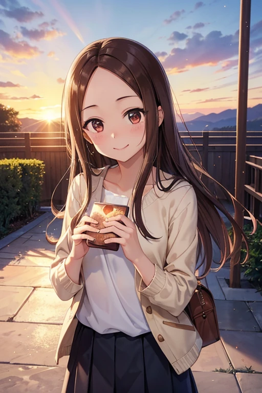Takagi-san、Shiny brown hair, Straight Long Hair,((Medium chest、Forehead、Center part))、 Beautiful brown eyes、smile、Sparkling eyes, (fine grain)、Very fine eye、Highly detailed face, Highly detailed eyes, Cowboy Shot、 


Sunset First Note、smile、

I began to understand what love is. I started to enjoy traveling. I discovered a rare and unique place. I met a slightly shy woman. I went there and talked to her.. A few years later, She became the love of my life. As the sun sets, I took a photo of the sunset before the sun went down.. I finally felt happy., completion, Excited