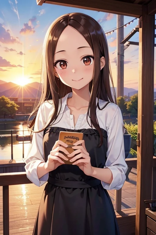 Takagi-san、Shiny brown hair, Straight Long Hair,((Medium chest、Forehead、Center part))、 Beautiful brown eyes、smile、Sparkling eyes, (fine grain)、Very fine eye、Highly detailed face, Highly detailed eyes, Cowboy Shot、 


Sunset First Note、smile、

I began to understand what love is. I started to enjoy traveling. I discovered a rare and unique place. I met a slightly shy woman. I went there and talked to her.. A few years later, She became the love of my life. As the sun sets, I took a photo of the sunset before the sun went down.. I finally felt happy., completion, Excited