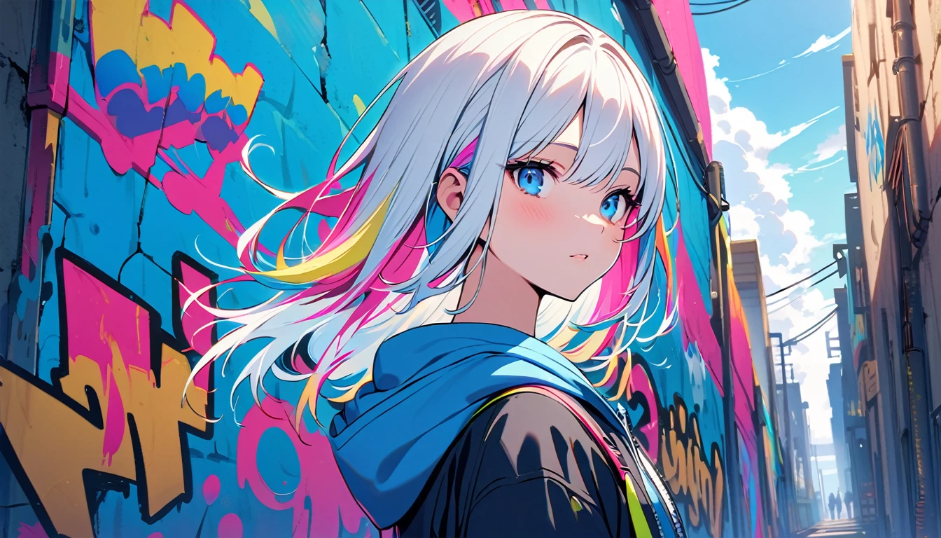 HD 8k Handsome sexy cute, Solitary, 1 female, Medium Length Hair, white hair, Rainbow hair, blue Eyes, Rainbow headphone, hoodie, colored hoodie, Human focus, outdoor, blue sky, White clouds, graffiti wall,