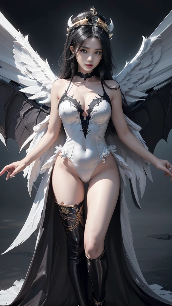 emphasis on wings, wings on shoulder, Angel wings and devil wings, white wings and black wings, (Realistic picture, highest resolution, 16ก), (A demon god with wide wings and enormous power on his shoulders..., Twelve wings on the shoulders., black bat wings:1.3 white angel wings:1.5), 6 angel wings, 6 devil wings, (Beautiful girl with two meter long hair, shiny black hairงาม, Smooth white skin, Lips are very red.), ((stand, already)), (big breasts, หัวBig tits), (gigantic breast, breast augmentation, Breast 400 cc., small waist, hips raised, small thighs, Long legs), (dynamic poses), (Armor that slightly conceals the body), Separate theme, (Angel wings and devil wings), floating in the air above the groundดิน, background darkness, Embraced with twelve wings, wearing a large king crown, crown shining bright, wears little armor, There is power coming out of the body., sparkling wings, white light black light, amazing wings, beautiful gesture, 8K resolution, Resolution 4000 x 2250 pixels, beautiful gesture, Angel wings and devil wings, (Realistic picture, highest resolution, 16K), (A demon god with wide wings and enormous power on his shoulders.., Twelve wings on the shoulders., black bat wings:1.3 white angel wings:1.5), Angel wings and devil wings, white wings and black wings,, Have wings 100 Have wings 1000, Angel wings and bat wings, wings inserted between wings, 12 wings, 6 angel wings, 6 bat wings, Angel wings and devil wings, white wings and black wings,, (Beautiful girl with two meter long hair, shiny black hair, Smooth white skin, Lips are very red.), very long hair, ((stand, toe)), (big breastsโต, หัวBig tits), (gigantic breast, small waist, hips raised, small thighs, Long legs), (dynamic poses), (black and white leotard, There are beautiful patterns., Decorated with gold embroidery., Show off your chest), Separate theme, (Angel Wings and Demon Lord Wings), floating in the air above the ground, background darkness, Embraced with twelve wings, white and black light crown, A rainbow glow on the back of the head, The most busty breasts, Big tits, universe backdrop, dynamic gesture, Drive the skin, Smooth white skin, Layered wings, White with black engraved is good.