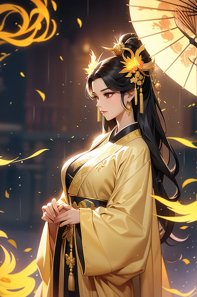 Black Hair, Immortal, Beauty, Royal sister, Stepmother, Gold yellow Taoist robe, Phoenix Coronet, Hair Bunch, Phoenix Sense, Beautiful breasts