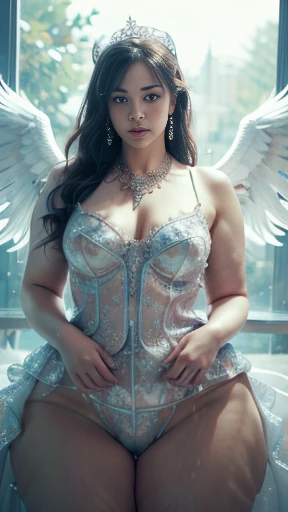 angelic、The figure of an angel、white large wings、Wear golden western-style armor、、Dressed in golden armor、dressed in gold、very fat woman、very fat woman、round face、fat face、big bust、thick waist、big tummy、big butts、thick thighs、thick arms、plump body、、masterpiece, top quality,사진 realistic, Detailed eyes and lips,detailed iris,realistically drawn skin,Limbs drawn in proper balance,Correctly drawn hands and fingers,One thumb and four fingers were drawn in optimal proportions.,人物々수상 경력이 있는 masterpiece, incredibly detailed, Texture and maximum detail、surreal、realistic、top quality의 실제 텍스처 스킨、perfectly symmetrical eyes、A beautiful face drawn in detail、A circle of angels of divine radiance overhead.、Beautiful friendly eyes、She has a happy smile on her face、Beautifully colored eyes full of compassion、Her expression is full of tenderness, serene and very beautiful..、Large wings with pure white feathers behind the shoulders、glass earrings for ears,A beautiful necklace around your neck、pretty bracelet on arm、dramatic photo、golden hair、 Short hair, ((looking down)), Around her neck hangs a simple necklace with exquisite workmanship..、very detailed, intricate details、、wings of light effect、spread your wings wide、blond hair、blue eyes、facing the front、 wearing a tiny white micro bikini、Bikini with gold decoration、He wears a small armor on his chest..、Wear a small piece of armor in the crotch area、、small white cloth을 입고、 small white cloth、