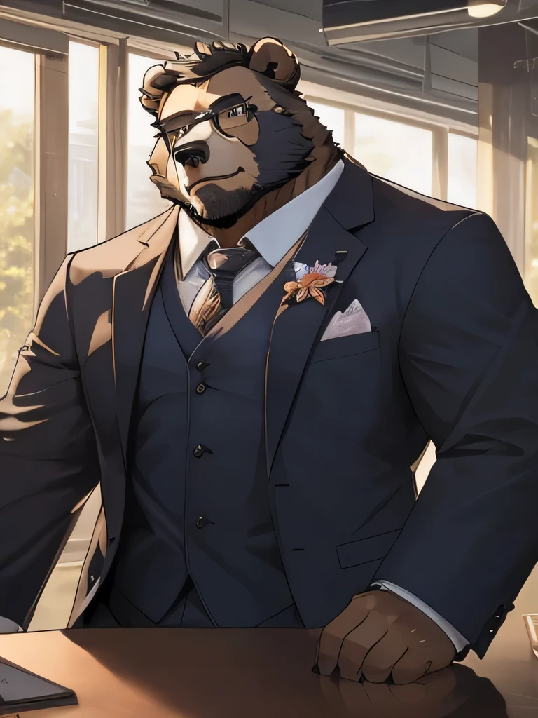 (Very detailed), Clear focus,hairy, Black and white fur), black beard, Black Hair,human nature (棕Bear:1.3), male, Middle-aged and elderly people, Brown body, White belly, muscular ,(Crotch bulge),Very detailed face,(Disheveled:1.4),(best quality), (masterpiece), High Detail, high quality,high resolution,16K,(Bear:1.3),Office Background,Set,Suits
