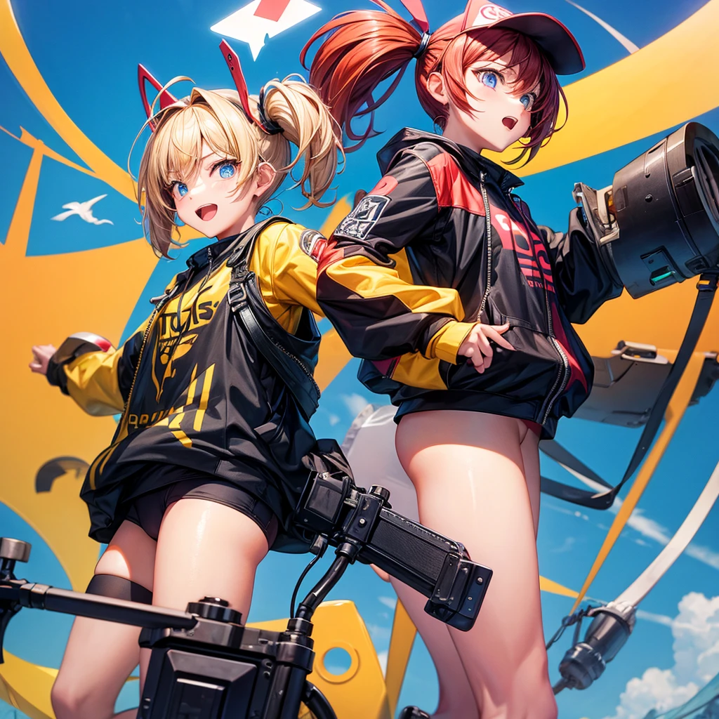 Anime girl standing next to giant robot in shorts and jacket, Guviz-style artwork, cyberpunk anime girl mech, trending on cgstation, Guviz, by Russell Dongjun Lu, Digital cyberpunk anime art, Ross Tran 8 K, Guweiz on ArtStation Pixiv, girl in mecha cyber armor