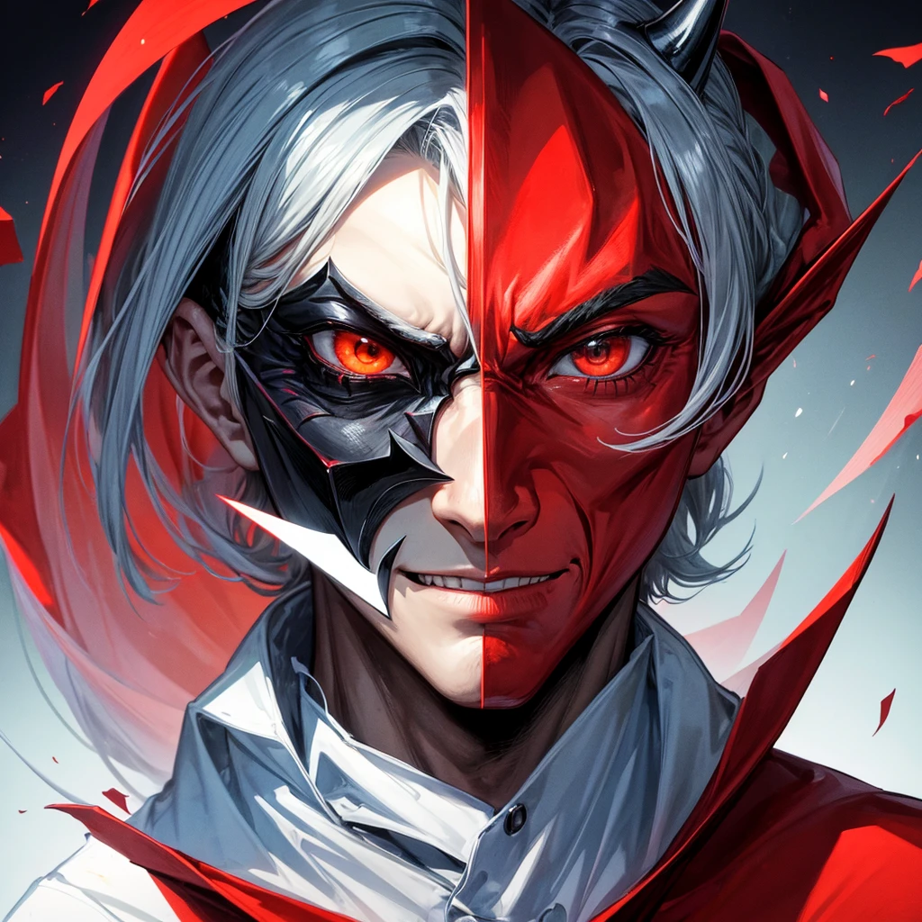 a man with right half his face in a devil mask