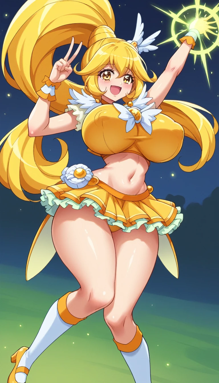 score_9, score_8_superior, score_7_superior, Outdoor,
Break Source_anime,
Break 1 Girl, Cure Peace, ponytail, Yellow Hair, Choose large nipples, Huge breasts, Happy, Voice of the Heart,
Yellow Magical Girl, belly button, Wing hair ornament, Crop top, Ruffled wrist cuffs, Frilled Skirt, Knee socks,
expensive, Long legs, Glowing Skin, Oily skin, Glowing Skin, heavy breinhing, Wide Hips, Tight waist, Thick thighs,
Contrasting,
Looking_in_Audience,