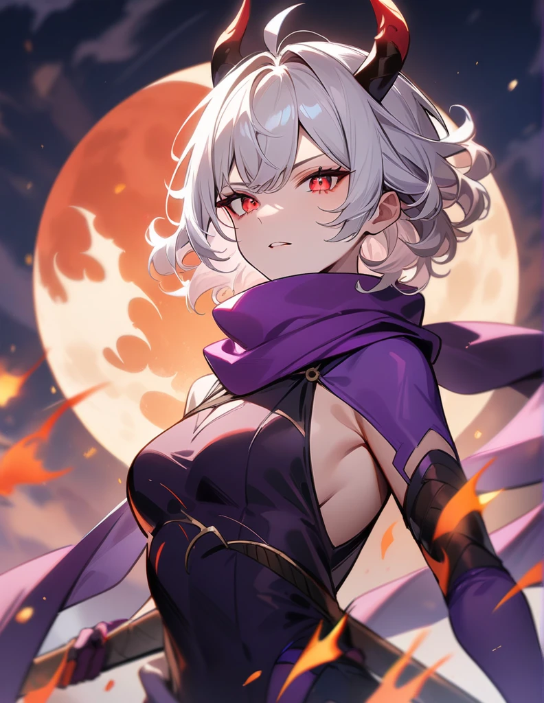 White hair, curly hair, short hair, horns, purple ninja costume, holding a sword, full moon, male, red burning eyes, purple scarf, high resolution, masterpiece, Highest quality, 