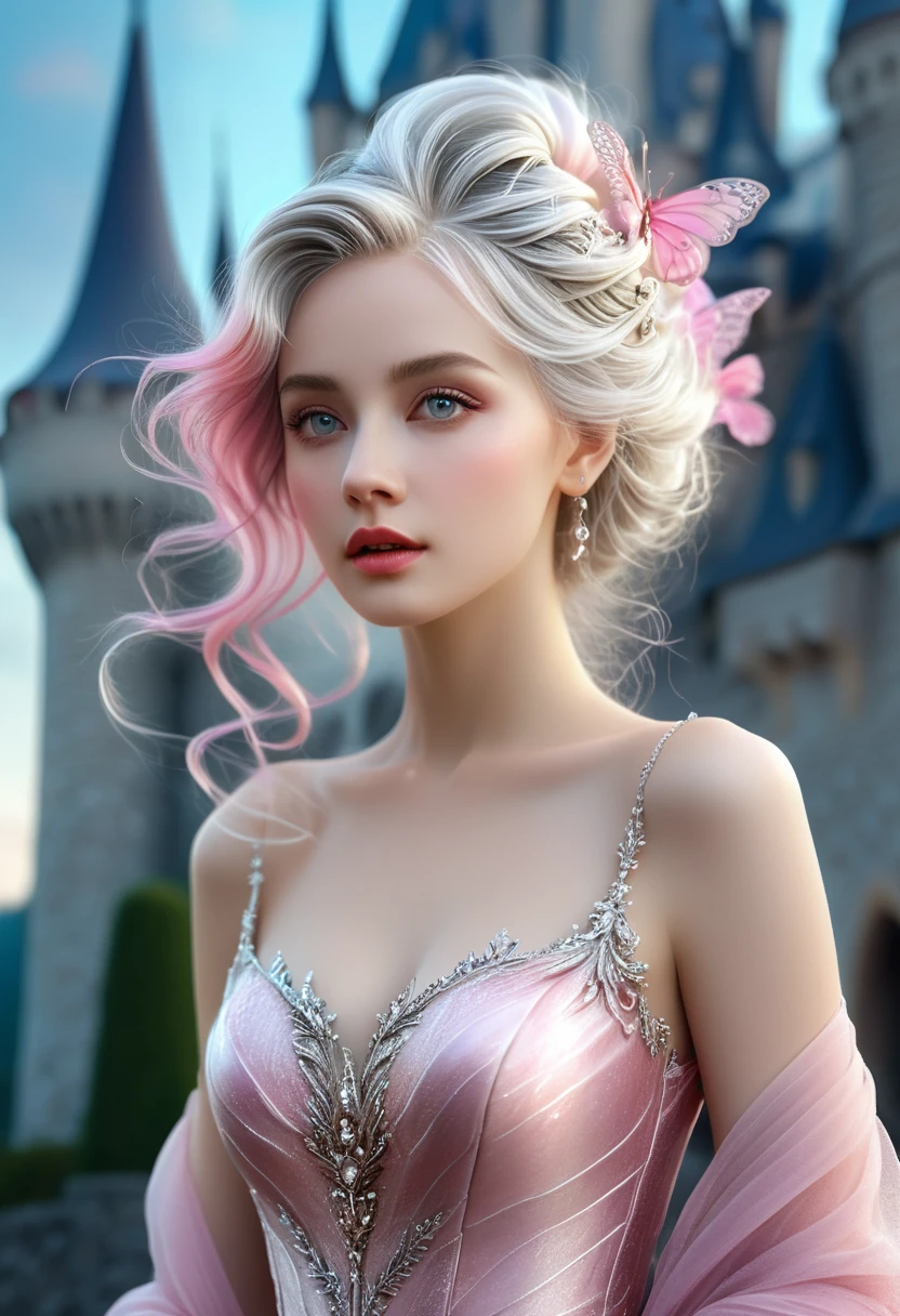 high quality, 8K Ultra HD, Surreal portrait of a stunning woman.
A mysterious and charming young fairy with cascading silver hair, Porcelain complexion, And eyes that sparkle like hazelnut gems, Standing elegantly beside the majestic castle. Wearing a delicate pink flowing dress, She exudes a kind of elegant beauty. This vivid portrait, Whether it is or photos, Capturing her alluring presence with exquisite detail and expertly rendered textures. The epitome of elegance and nobility, It evokes an otherworldly fascination, Let the viewer feel like walking into a fairy tale.