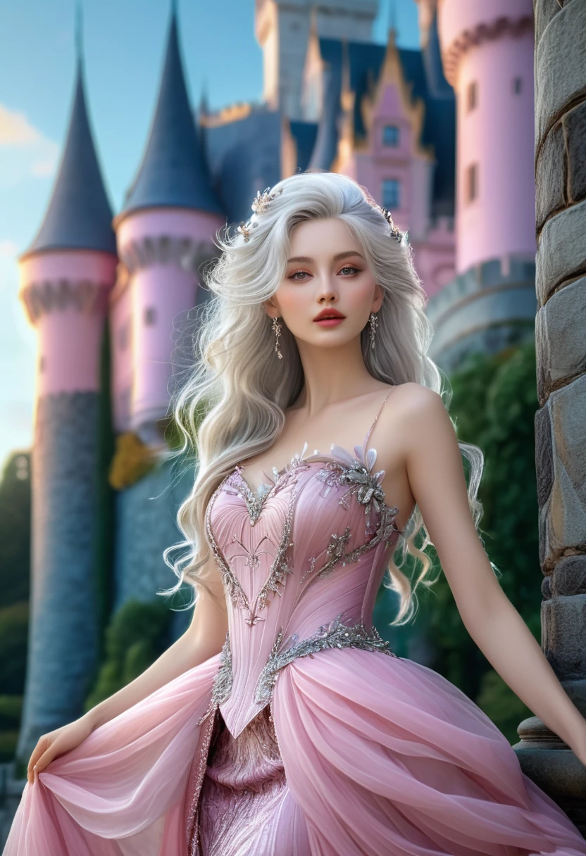 high quality, 8K Ultra HD, Surreal portrait of a stunning woman.
A mysterious and charming young fairy with cascading silver hair, Porcelain complexion, And eyes that sparkle like hazelnut gems, Standing elegantly beside the majestic castle. Wearing a delicate pink flowing dress, She exudes a kind of elegant beauty. This vivid portrait, Whether it is or photos, Capturing her alluring presence with exquisite detail and expertly rendered textures. The epitome of elegance and nobility, It evokes an otherworldly fascination, Let the viewer feel like walking into a fairy tale.