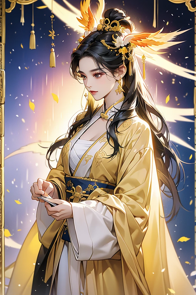 Black Hair, Immortal, Beauty, Royal sister, Stepmother, Gold yellow Taoist robe, Phoenix Coronet, Hair Bunch, Phoenix Sense, Beautiful breasts