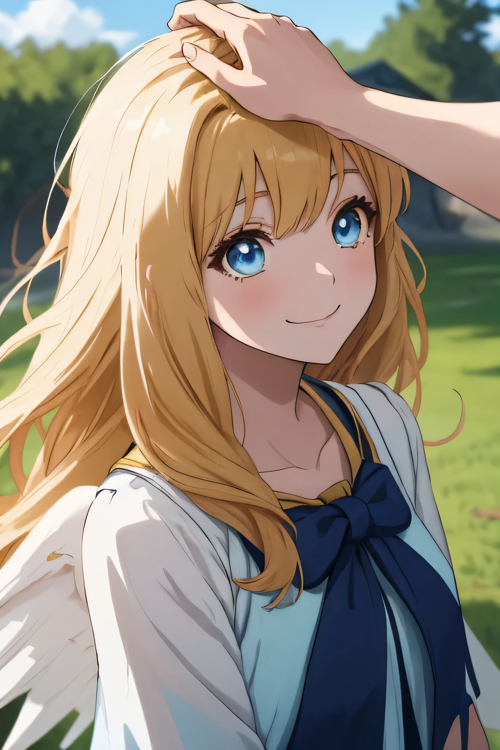 Anime style girl, Upper Body, One Girl, alone, Outdoor, Day, cloud, blue sky, Happy, White Wings, Height Dress, Blue Ribbon, Long Hair, blue eyes, View your audience, Parted bangs, Place your arms behind your back, Highest quality, High resolution. (Beautiful details:1.6), smile, Highly detailed face, Perfect lighting, Highly detailed CG, (Perfect hands, Perfect Anatomy),headpatPOV, throw, headpat,
