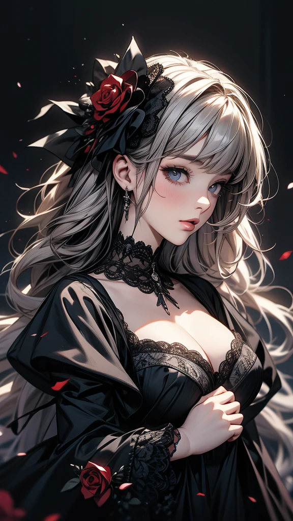 (masterpiece, High resolution, Highest quality), like々A beautiful woman, Exposed cleavage, Gothic ta Fashion, Collage with black roses, Anime Style, Digital Painting,