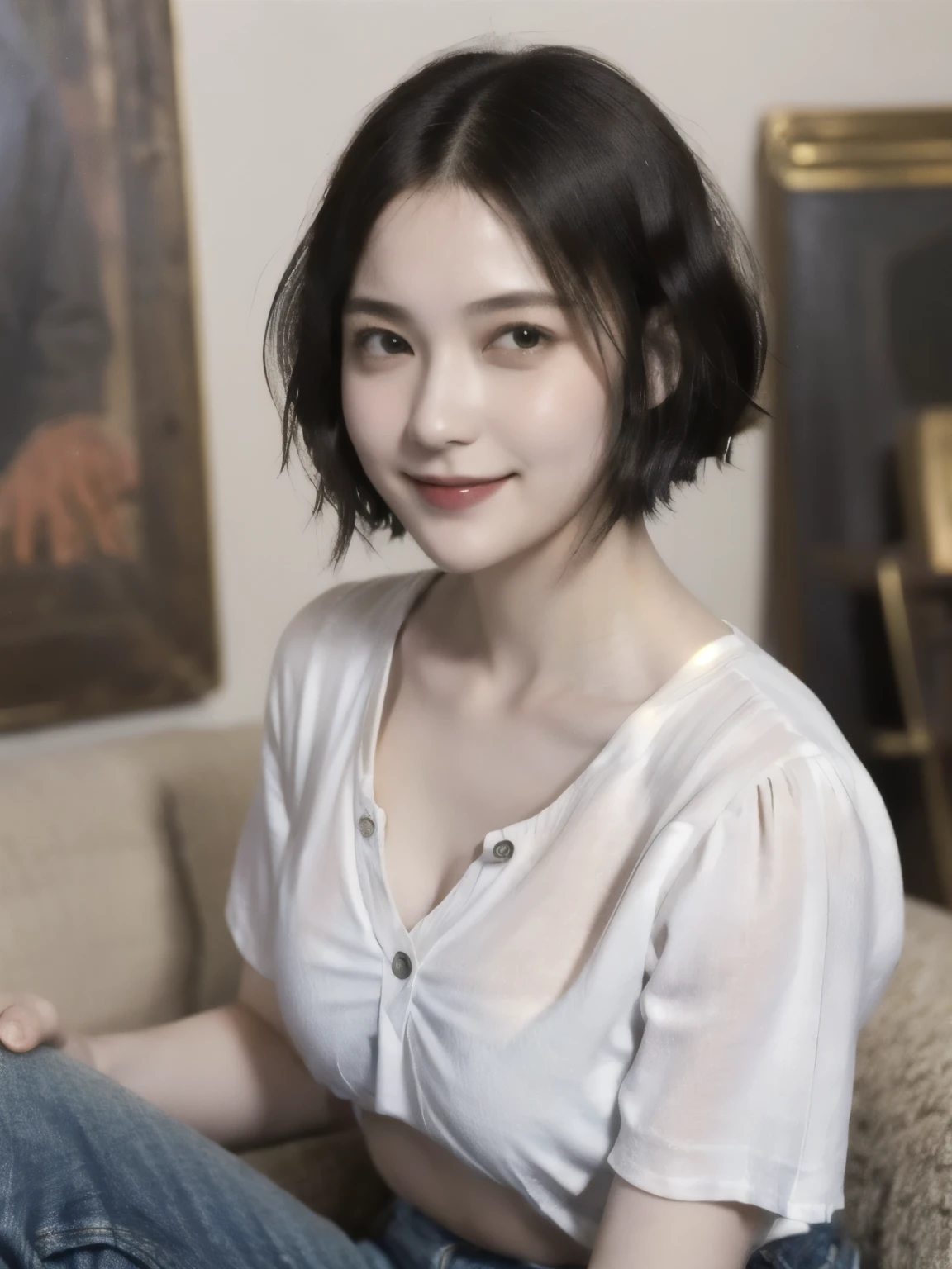 2. 20-year-old female,(short hair:1.46),(chest:1.5),Old-fashioned smile,(Leonardo da Vinci'sTShirt and jeans)