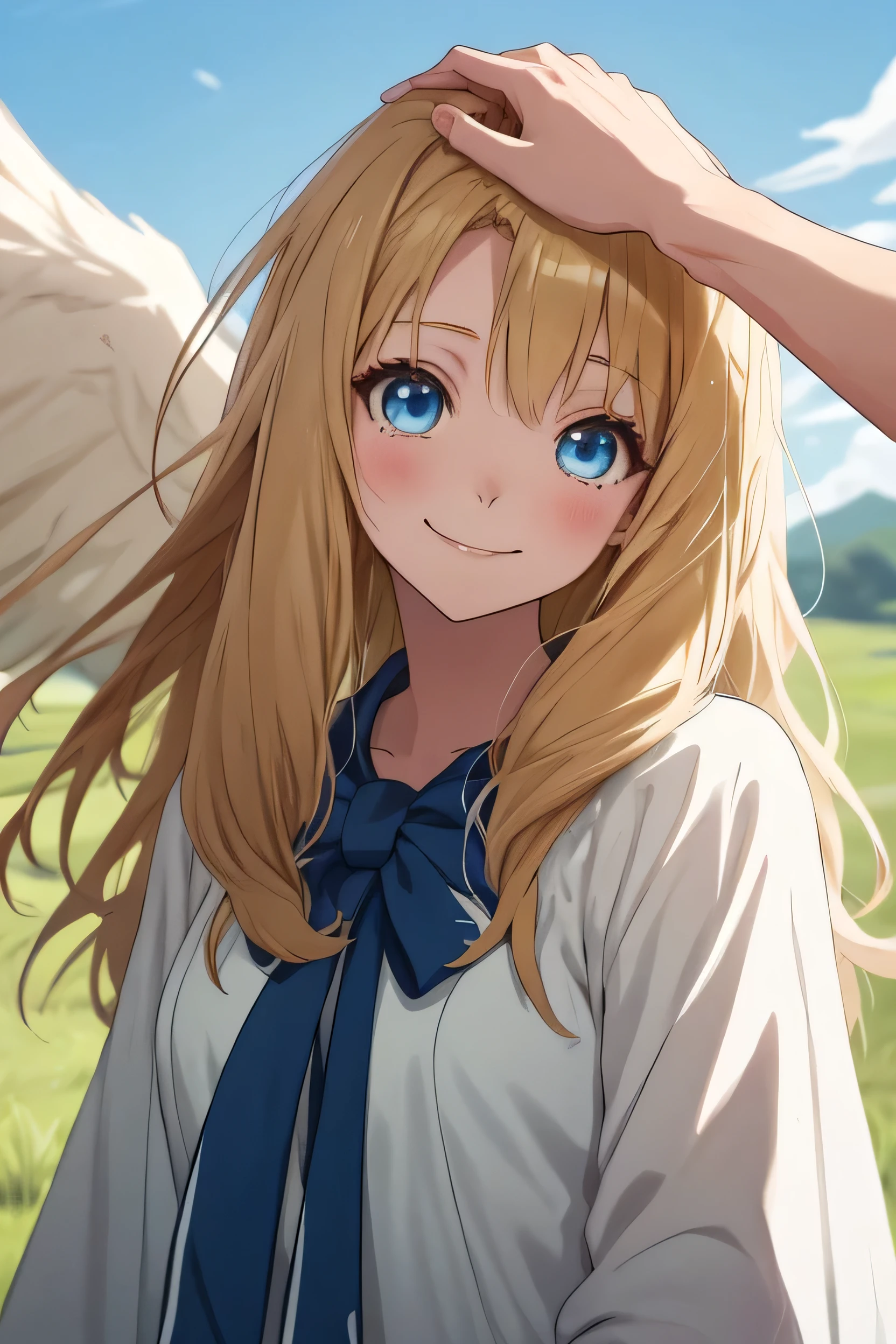 Anime style girl, Upper Body, One Girl, alone, Outdoor, Day, cloud, blue sky, Happy, White Wings, Height Dress, Blue Ribbon, Long Hair, blue eyes, View your audience, Parted bangs, Place your arms behind your back, Highest quality, High resolution. (Beautiful details:1.6), smile, Highly detailed face, Perfect lighting, front, Highly detailed CG, (Perfect hands, Perfect Anatomy),headpatPOV, throw, headpat,
