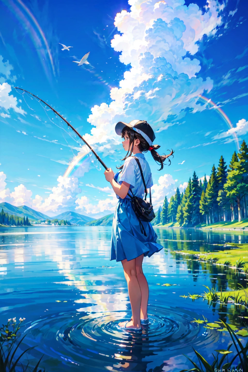 Girl is fishing on a beautiful lake, land a big fish,clear blue skies, sunshine,rainbow