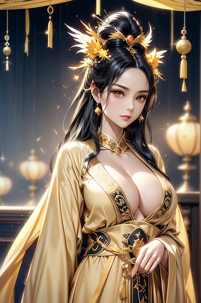Black Hair, Immortal, Beauty, Royal sister, Stepmother, Gold yellow Taoist robe, Phoenix Coronet, Hair Bunch, Phoenix Sense
