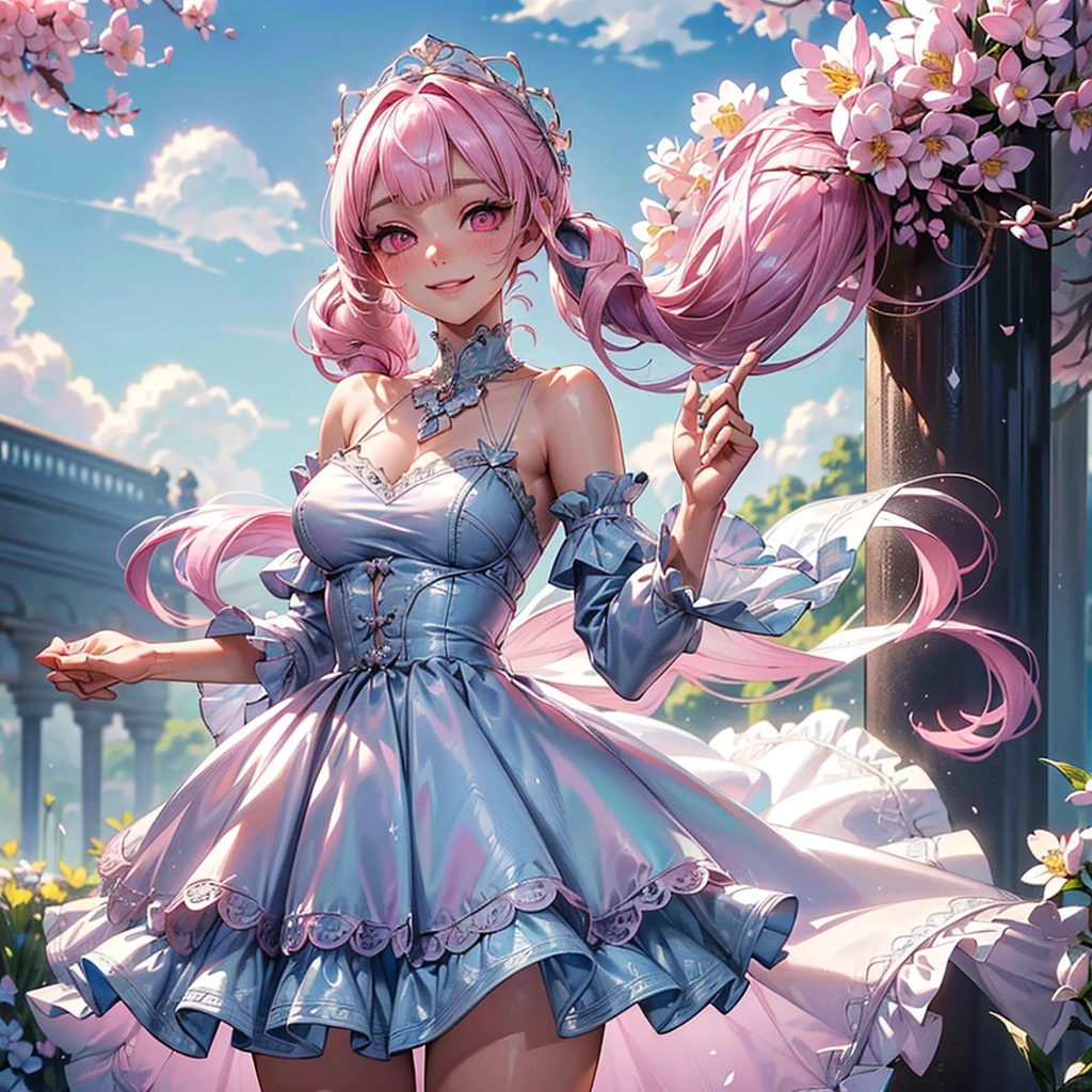 (8K, masutepiece, Highest Quality, Best Quality, Official art, Breathtaking beauty and aesthetics, A highly detailed, The best masterpiece in history that exceeds limits, Breathtaking and beautiful lighting:1.2), (1 Absolute Beautiful Girl, Solo:1.3), , (shiny white skin), (pink twin tail hair, Bangs:1.5), (adolable big pink eyes, drooing eyes:1.5), (Breathtaking Beautiful baiana dress, ruffled dress,  blue lace trim, Cutwork, blue frilled neckline, flared skirt, blue and white dress, layered dress, puffed_sleeves), (bust:1.2), (happy smile, Beautiful smile, Gentle smile, cute smile, innocent smile like an angel:1.2), (Attractive, amazing, Beautiful, Elegant, Luxurious, magnifica, Eye-catching, the ultimate beauty, Supreme Beauty, Superlative beauty, Elegant, Beauty, Graceful, Everyone loves it, Beauty that fascinates everyone, Healed, The highest level of complete beauty, cute like an idol, Stylish like a fashion model, Goddess-like grace, Be loved, cute little, adolable, Look at the camera, cute little pose, Happy), breathtaking scenery, (standing, Breathtakingly beautiful Luxurious spring garden, blue sky:1.5),