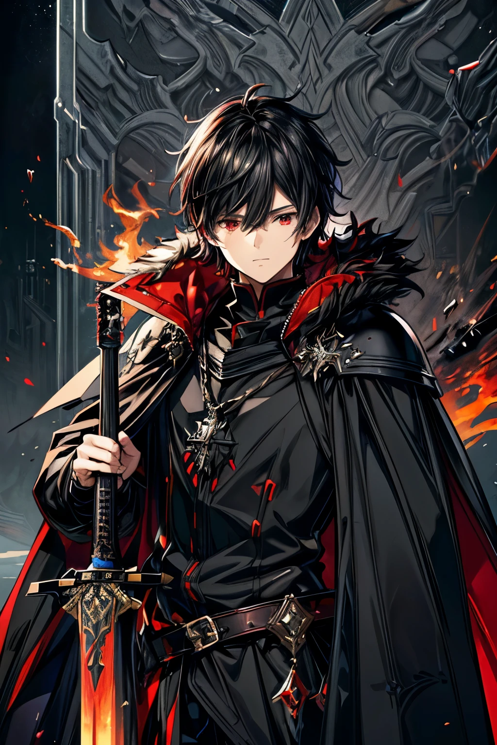 alone, good looking, 1 male, Long hair, Middle parted, Black hair, Red eyes, Black shirt, White Thailand, Black Trench Coat, Royal Silver Jewellery, Royal Demon Earrings, Black horns, Demon Crown, Demonic Katana, On Back, Demonic Black flames Aura