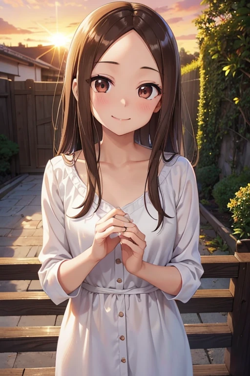 Takagi-san、Shiny brown hair, Straight Long Hair,((Medium chest、Forehead、Center part))、 Beautiful brown eyes、smile、Sparkling eyes, (fine grain)、Very fine eye、Highly detailed face, Highly detailed eyes, Cowboy Shot、
Sunset First Note、smile、
I began to understand what love is. I started to enjoy traveling. I discovered a rare and unique place. I met a slightly shy woman.. As the sun sets, I took a photo of the sunset before the sun went down.. I finally felt happy., completion, Excited