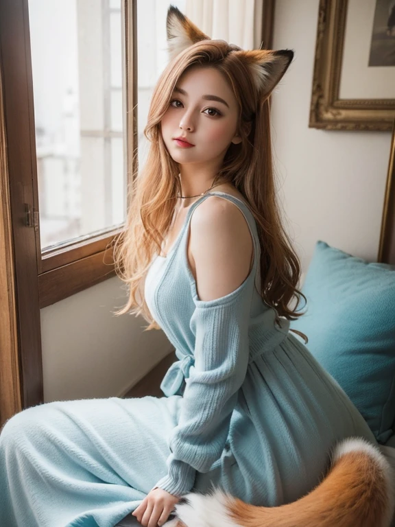 ((Highest quality, 32K)), ((masterpiece)), (Familiar), Perfect Face, Fox Girl, pretty girl, Has a tail, She has a fox&#39;s tail, She stands up her fluffy tail, Beautiful hip line, Thick thighs, Dog collar, A large tail sticks out, On all fours, Shyly staring at his tail, She only has one tail