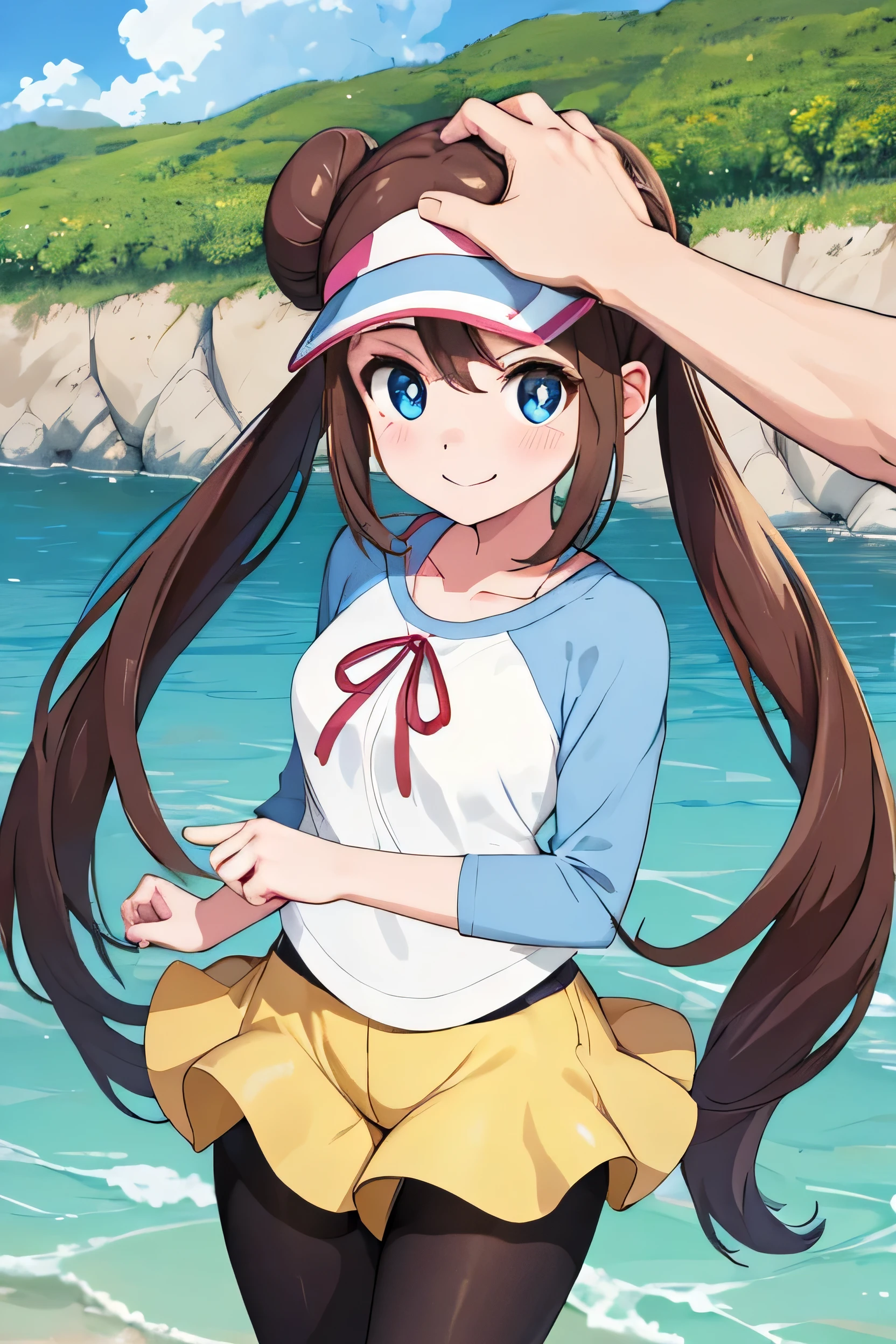 masterpiece, Highest quality, High resolution, B1 class, Hair Bun, blue eyes, Twin tails, Visor Cap, pantyhose, Raglan sleeves, Yellow shorts, shirt, Pink Ribbon, clock, Are standing, Cowboy Shot, Field, monster Ball \(Basic\), smile, whole body，reflection，Anime girl next to sparkling blue sea，Beautiful Eyes，Exquisite facial features，Happy expression，Seagulls are flying，Bask in the warm sunlight，Pro Lighting Tips，Light and shadow effects, headpatPOV, throw, headpat,
