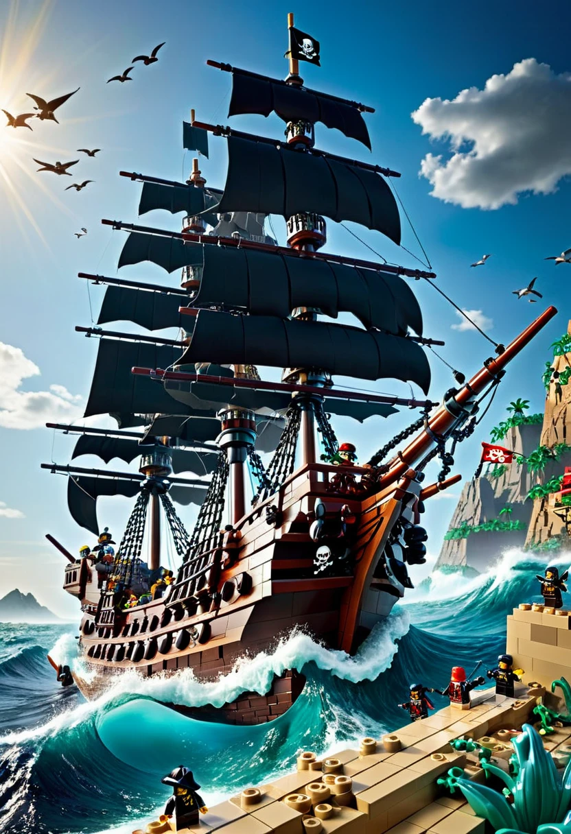 Magazine cover，best quality, very good, 16K, ridiculous, Very detailed, （（Pirate War））ocean，Made of Lego,