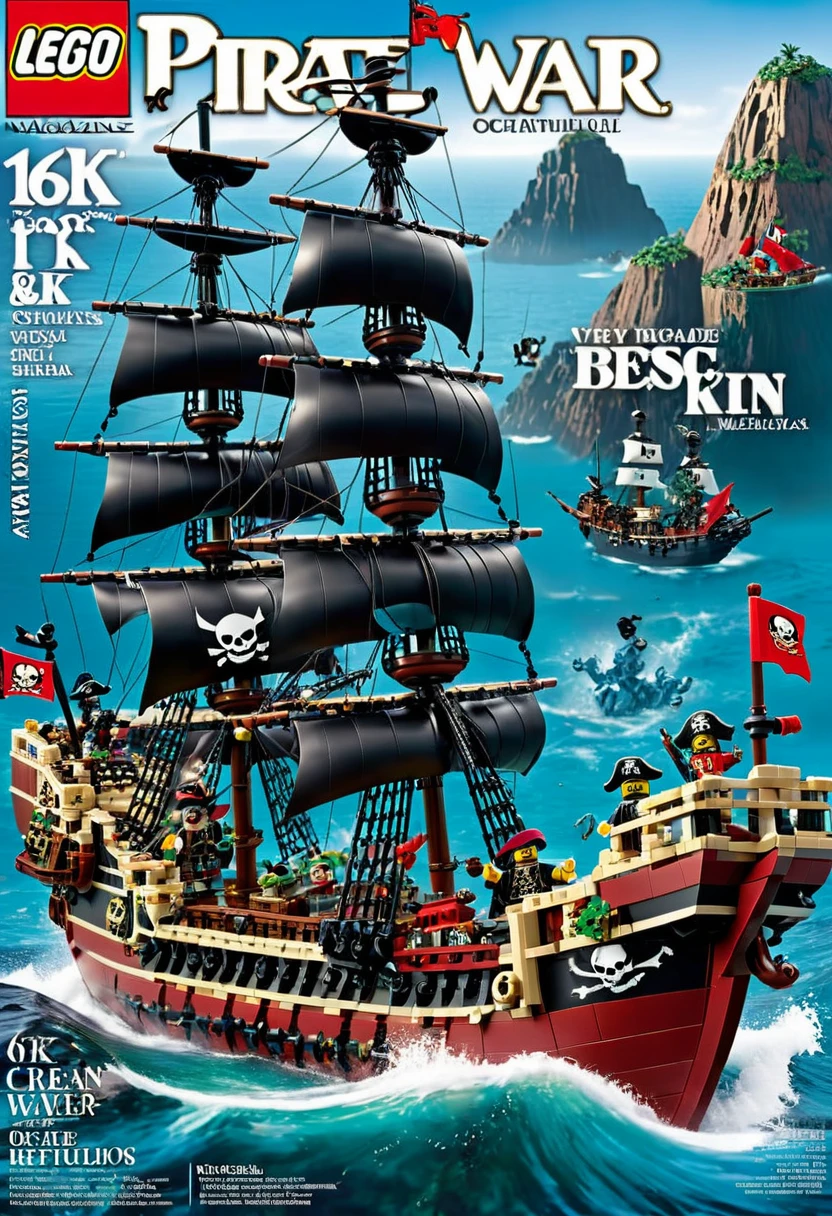 Magazine cover，best quality, very good, 16K, ridiculous, Very detailed, （（Pirate War））ocean，Made of Lego,