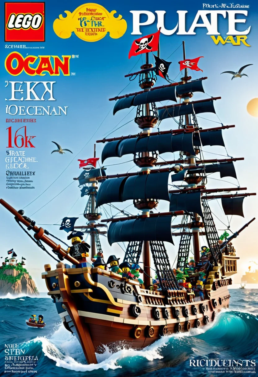 Magazine cover，best quality, very good, 16K, ridiculous, Very detailed, （（Pirate War））ocean，Made of Lego,