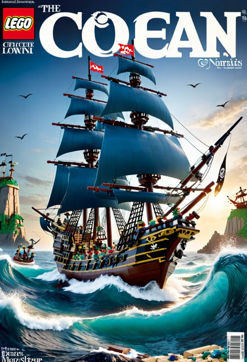 Magazine cover，best quality, very good, 16K, ridiculous, Very detailed, （（Pirate War））ocean，Made of Lego,