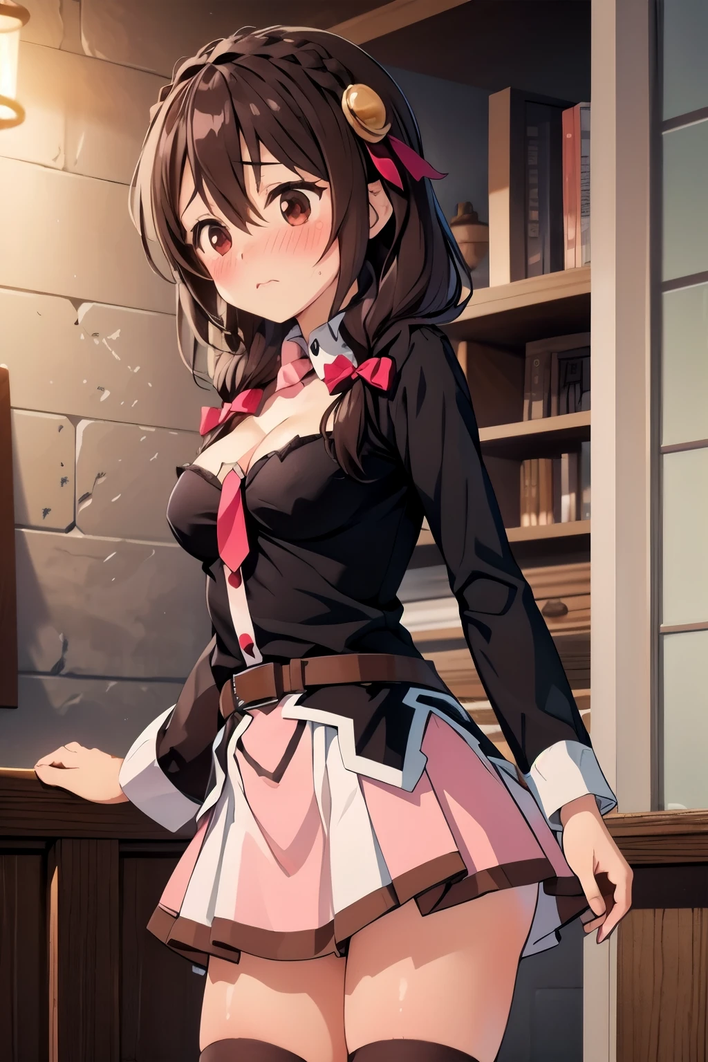 (masterpiece, highest quality), One girl,    Yunyun,Long Hair,Braiding,Twin tails,Hair between the eyes,Hair Ribbon,hair ornaments,large round breasts,、Pink Skirt、Red Eyes、(The happiest smile)、Mouth open、(blush:1.5)、night、indoor、Crown Blade,Black Shirt, Long sleeve,Pink tie, belt, Cleavage cutout、cowboy shot、Sitting on a chair、Holding out a glasy clothes are disheveled)、Sweat、Sparkling