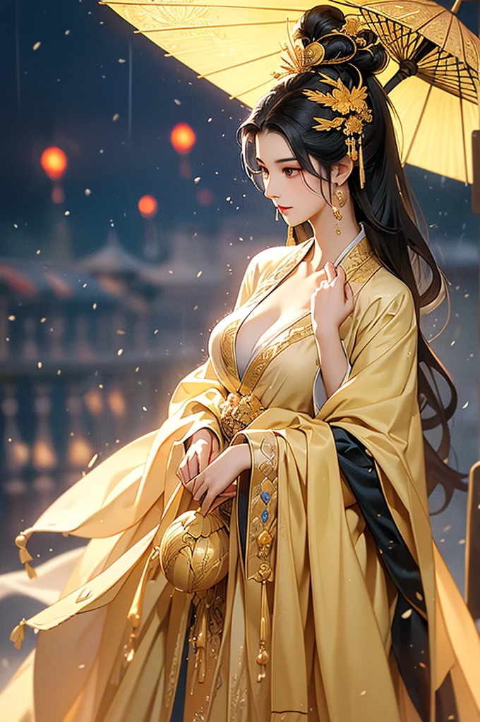 Black Hair, Immortal, Beauty, Royal sister, Stepmother, Gold yellow Taoist robe, Phoenix Coronet, Hair Bunch, Phoenix Sense, Beautiful breasts